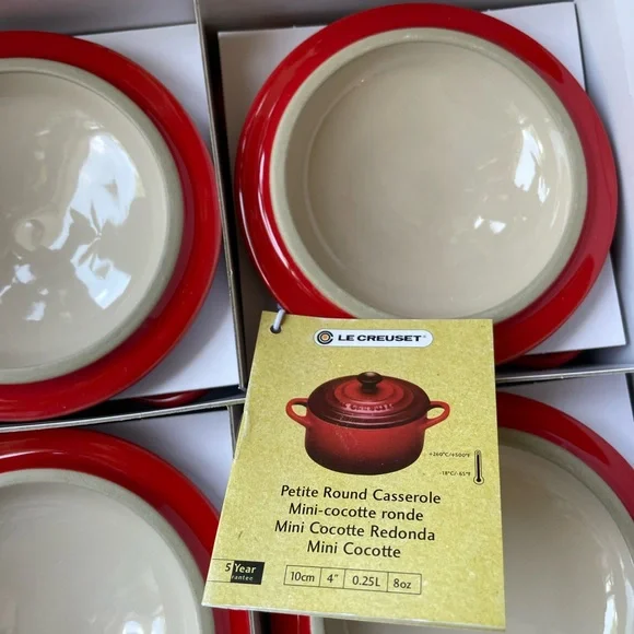 Le Creuset Stoneware Cherry Red Set of 4 Mini Cocottes with Recipe Book - Picture 14 of 15